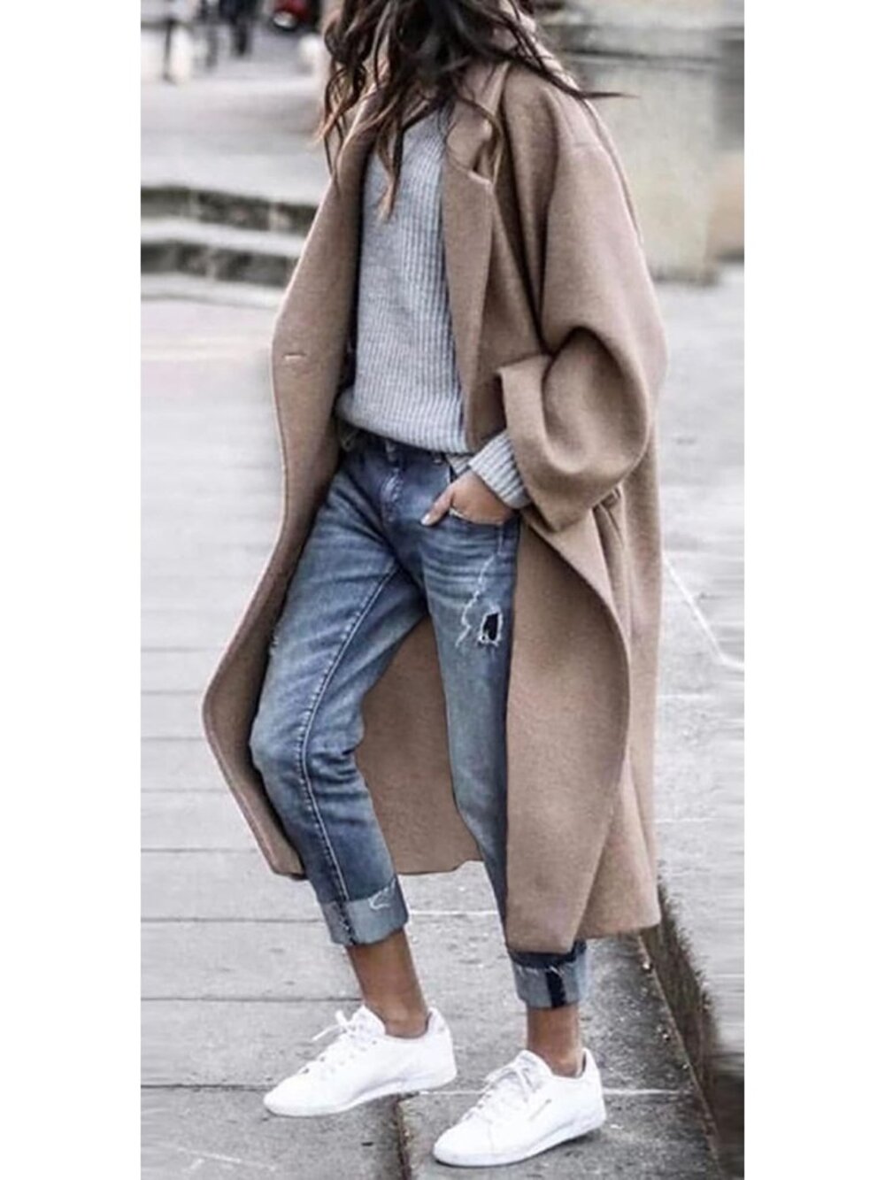 Women's Khaki Notched Collar Wool Blend Single Breast Midi Long Trench Coat - Picture 4 of 6